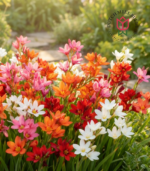 Harlequin flower bulbs (Sparaxis mixed) blooming in a garden bed with red, orange, yellow, and white summer flowers for school, church, and scout fundraising gardens