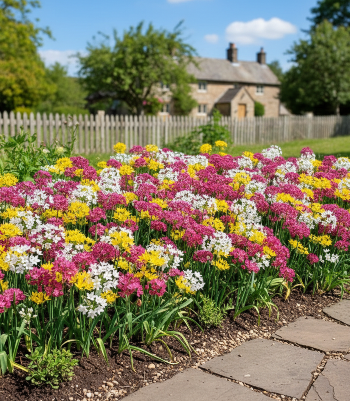 Spring Allium mixed flower bulbs blooming along a garden walkway, showing colorful summer flowers for school, church, and scout bulb fundraising gardens
