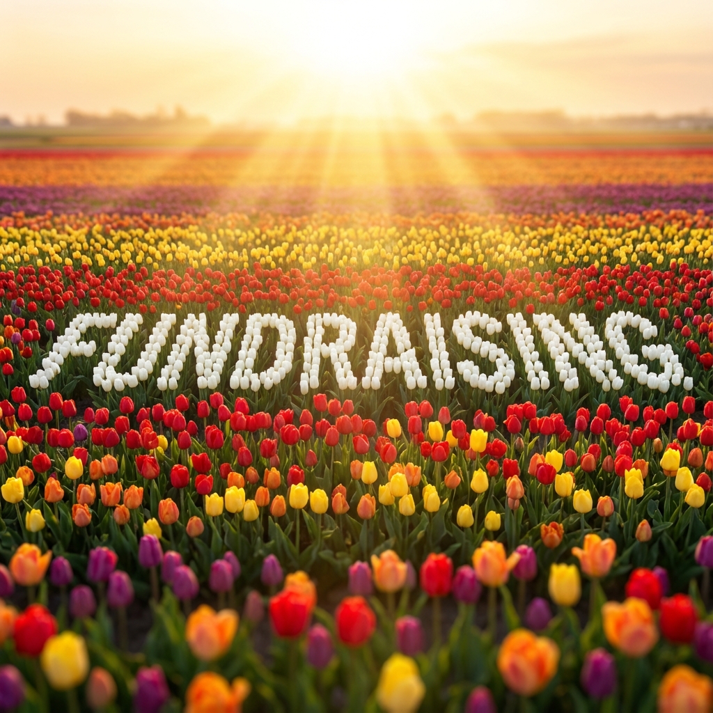 Colorful tulip field with rainbow varieties spelling FUNDRAISING in white tulips at sunrise