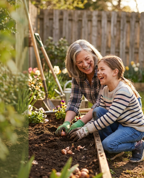 Grandmother and granddaughter planting flower bulbs together in backyard garden for school fundraiser
